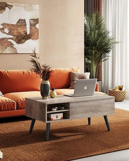 WLIVE Lift Top Coffee Table with Storage for Living Room,Small Hidden Compartment and Adjustable Shelf,Mid Century Modern ,Wood,Greige - LeafyLoom