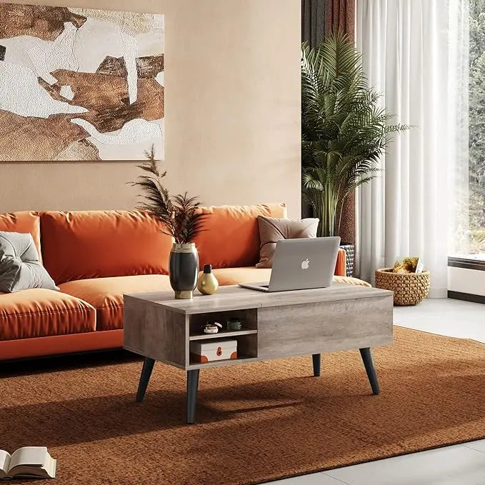 WLIVE Lift Top Coffee Table with Storage for Living Room,Small Hidden Compartment and Adjustable Shelf,Mid Century Modern ,Wood,Greige - LeafyLoom