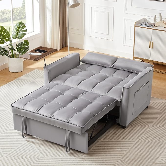 Comfy Cute Tufted Upholstered Loveseat Sofa with Pull Out Sleeper Couch Bed and 2 Pillows,Modern Convertible Love Seat Sofabed for Computer & Coffee Living Room Furniture Sets - LeafyLoom
