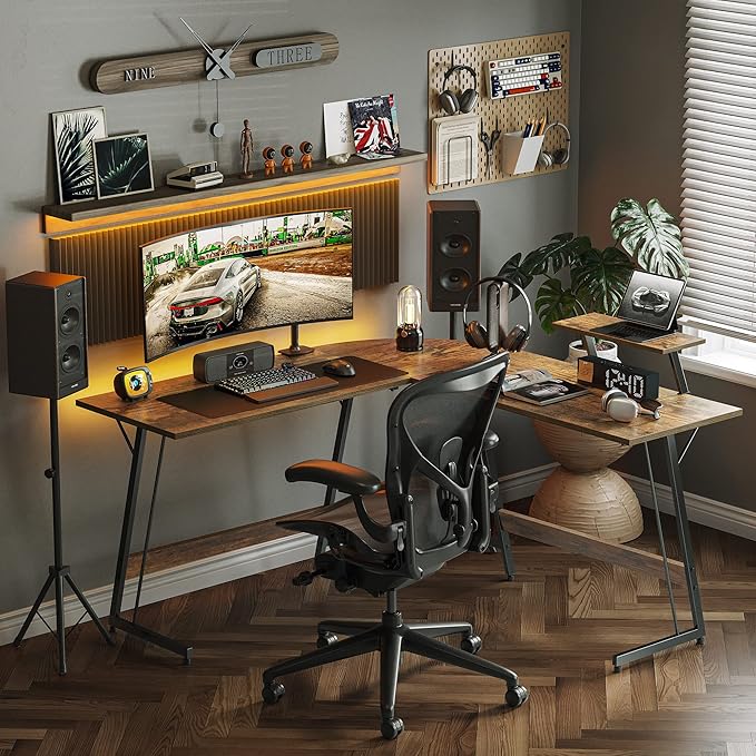 Cubiker L Shaped Desk, Computer Corner Desk, Gaming Desk with Monitor Stand, Home Office Study Writing Workstation, Space-Saving, Rustic Brown - LeafyLoom