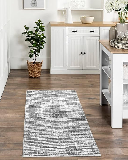 nuLOOM Avelina Abstract Stripes Machine Washable Ultra Thin Runner Rug, 2' 6" x 8', Light Grey - LeafyLoom