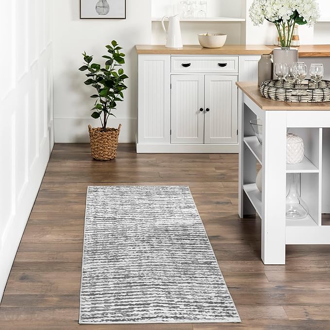 nuLOOM Avelina Abstract Stripes Machine Washable Ultra Thin Runner Rug, 2' 6" x 8', Light Grey - LeafyLoom