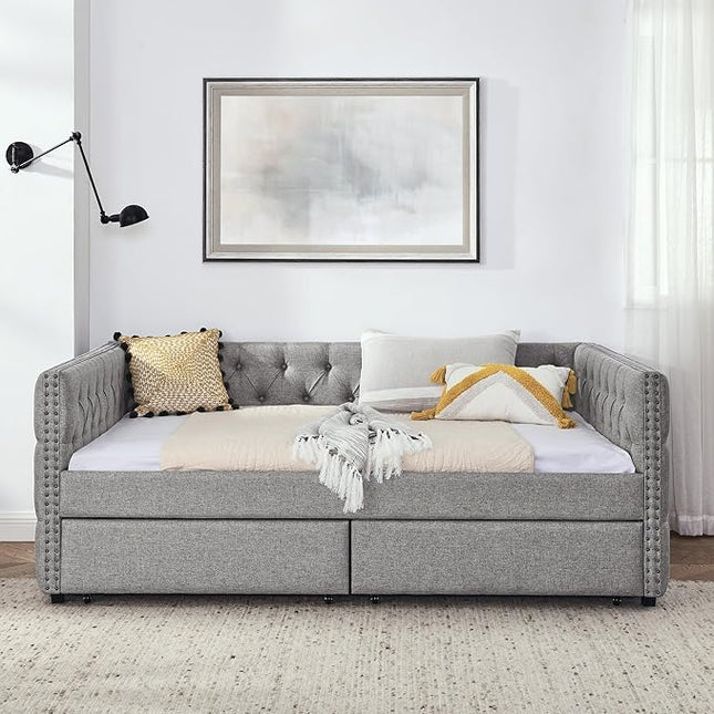 Full Size Upholstered Daybed, Pull Out with Two Storage Drawers, Solid Wood Frame Bed, Tufted Buttons and Copper Nails On Square Arms, for Bedrooms,Apartments, Grey-1 - LeafyLoom