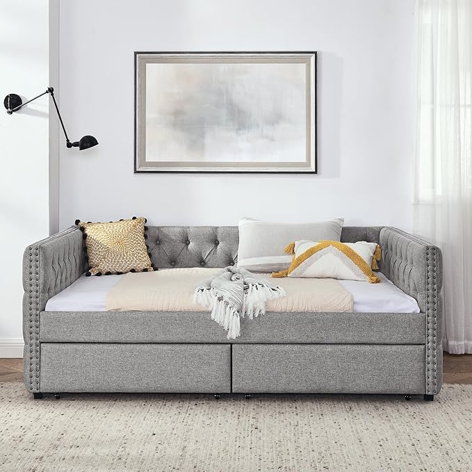 Full Size Upholstered Daybed, Pull Out with Two Storage Drawers, Solid Wood Frame Bed, Tufted Buttons and Copper Nails On Square Arms, for Bedrooms,Apartments, Grey-1 - LeafyLoom