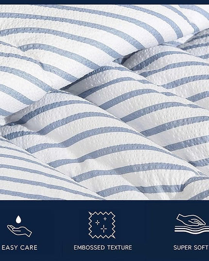 Nautica - Queen Comforter Set, Luxuriously Soft Seersucker Textured Bedding with Matching Shams, Wrinkle-Free Striped Home Decor (Windsor Blue, Queen) - LeafyLoom