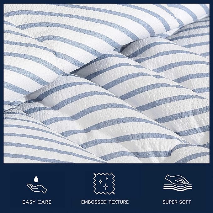 Nautica - Queen Comforter Set, Luxuriously Soft Seersucker Textured Bedding with Matching Shams, Wrinkle-Free Striped Home Decor (Windsor Blue, Queen) - LeafyLoom