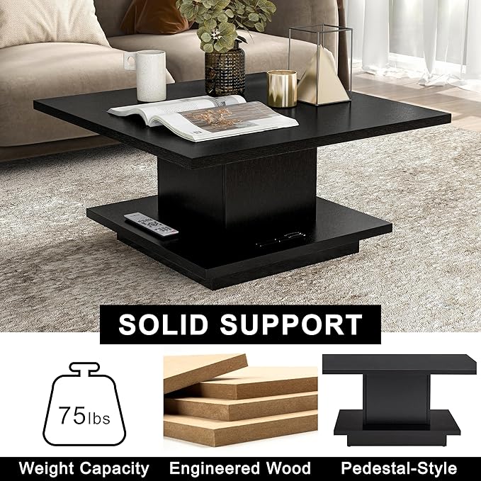24/7 Shop at Home Lukas 31 inch Square Coffee Table with Hidden Storage and Base Shelf, Contemporary Furniture for Living Room, Home Office, Apartment, Small Space, Black - LeafyLoom