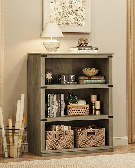 GAOMON 3 Tier Bookcase, Farmhouse Book shelf with Storage Open Display Bookshelves, 40" Low Book Case Wooden 3 Shelf Bookcase Home Decor Furniture for Home Office, Living Room, Bed Room - Grey - LeafyLoom