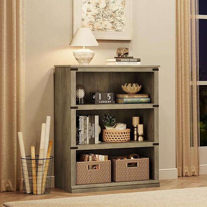 GAOMON 3 Tier Bookcase, Farmhouse Book shelf with Storage Open Display Bookshelves, 40" Low Book Case Wooden 3 Shelf Bookcase Home Decor Furniture for Home Office, Living Room, Bed Room - Grey - LeafyLoom