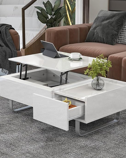Lift Top Coffee Table, 45 Inch Contemporary Center Table with Drawer and Metal Frame Legs, High-Gloss Surface Coffee Tables for Living Room, White - LeafyLoom