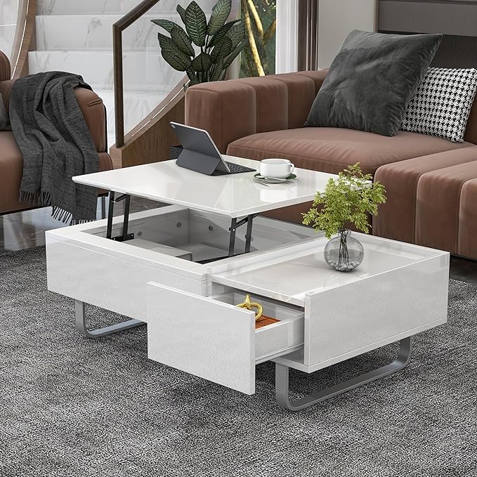 Lift Top Coffee Table, 45 Inch Contemporary Center Table with Drawer and Metal Frame Legs, High-Gloss Surface Coffee Tables for Living Room, White - LeafyLoom