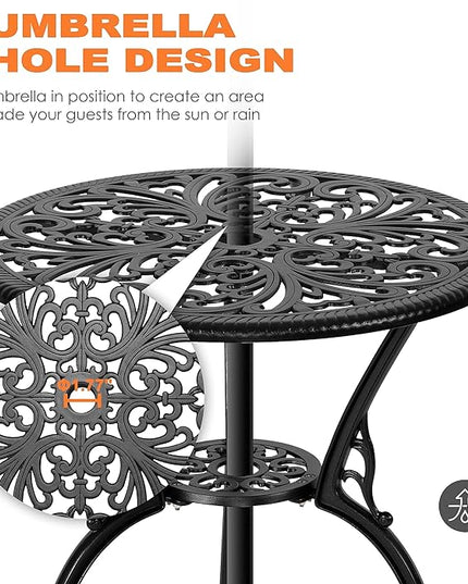 NUU GARDEN 3 Piece Bistro Set Outdoor, All Weather Cast Aluminum Patio Bistro Sets Patio Table and Chairs Set of 2 with Umbrella Hole for Yard, Balcony, Black, Butterfly Backrest - LeafyLoom