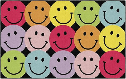 Flagship Carpets Schoolgirl Style Big Rainbow Smiley Faces Educational Area Rug for Kids Room Seating Décor, Children's Classroom, Play Carpet for Teaching and Playroom, 7'6" x 12', Black & Multi - LeafyLoom