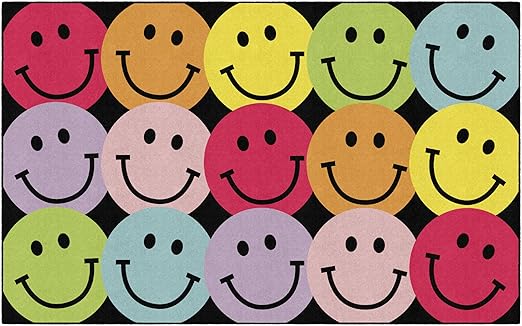 Flagship Carpets Schoolgirl Style Big Rainbow Smiley Faces Educational Area Rug for Kids Room Seating Décor, Children's Classroom, Play Carpet for Teaching and Playroom, 7'6" x 12', Black & Multi - LeafyLoom