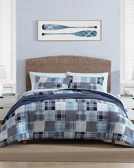 Nautica - Twin Comforter Set, Soft Cotton Bedding with Matching Sham, Patchwork Inspired Home Decor, Dorm Room Essentials (Mason Blue, Twin/Twin XL) - LeafyLoom