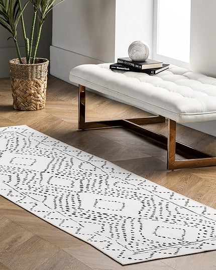 nuLOOM Mila Machine Washable Diamond Trellis Ultra Thin Runner Rug, 2' 6" x 6', White - LeafyLoom