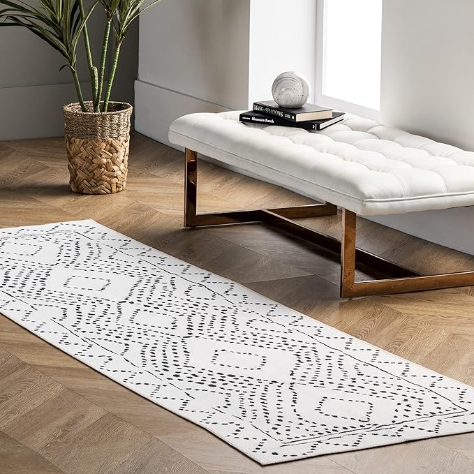 nuLOOM Mila Machine Washable Diamond Trellis Ultra Thin Runner Rug, 2' 6" x 6', White - LeafyLoom