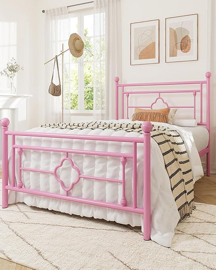 Allewie Twin Size Metal Platform Bed Frame with Victorian Vintage Headboard and Footboard/Mattress Foundation/Under Bed Storage/No Box Spring Needed/Noise-Free/Easy Assembly, Pink - LeafyLoom