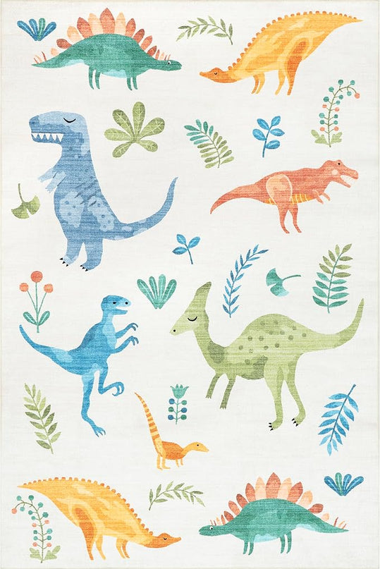nuLOOM Eamon Dinosaur Machine Washable Kids Ultra Thin Area Rug, 4' x 6', White Multi - LeafyLoom