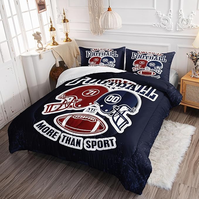 Datura home American Football Comforter Set Vintage Navy American Football Printed Quilt Bedding Set with 1 Comforter and 2 Pillowcases for Boys and Girls Bedroom All Season(Football Navy Queen) - LeafyLoom
