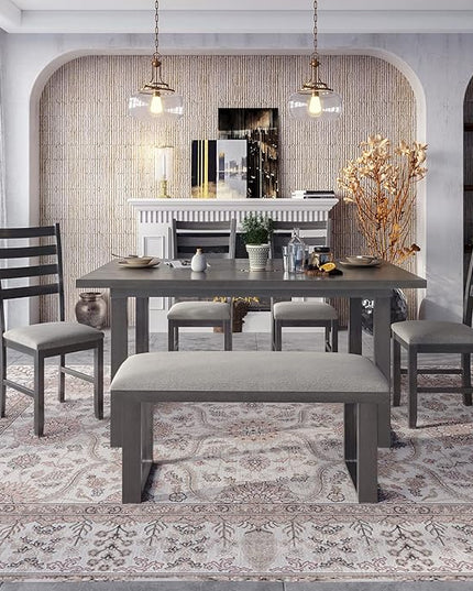 60" Dining Table Set for 6, Solid Wood Dining Room Table Set with Backrest, Kitchen Table Chairs Set of 6 for Living Room and Kitchen, Grey+Beige - LeafyLoom