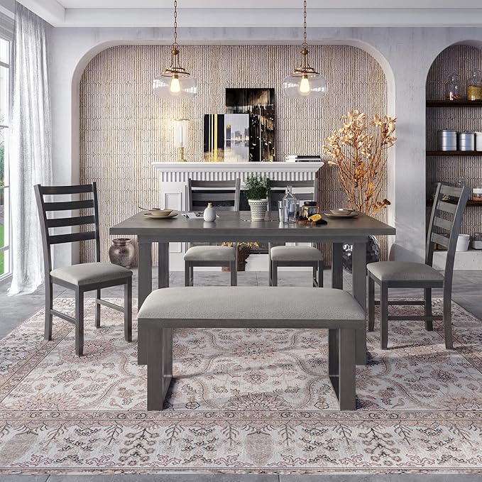 60" Dining Table Set for 6, Solid Wood Dining Room Table Set with Backrest, Kitchen Table Chairs Set of 6 for Living Room and Kitchen, Grey+Beige - LeafyLoom