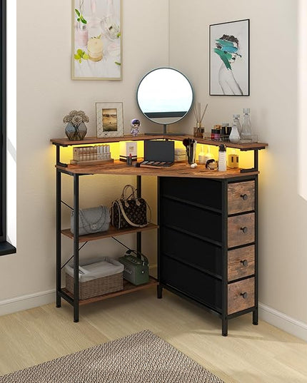 Corner Desk with Drawers Shelves for Small Space 90 Degrees Triangle Computer Desk with Power Outlets,Gaming Desk with LED Lights Monitor Stand for Home Office Workstation Writing Table (Brown) - LeafyLoom