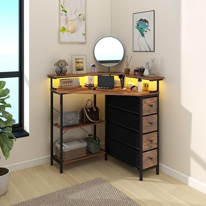 Corner Desk with Drawers Shelves for Small Space 90 Degrees Triangle Computer Desk with Power Outlets,Gaming Desk with LED Lights Monitor Stand for Home Office Workstation Writing Table (Brown) - LeafyLoom