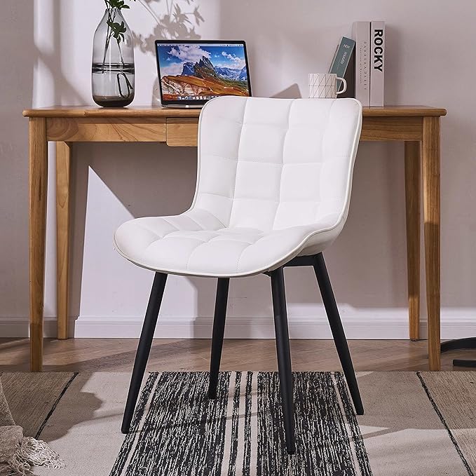 YOUTASTE White Dining Chairs Set of 2 PU Leather Upholstered Modern Armless Dining Room Chair with Back Metal Legs Kitchen Dinner Accent Guest Chairs for Vanity Reception Waiting Room - LeafyLoom