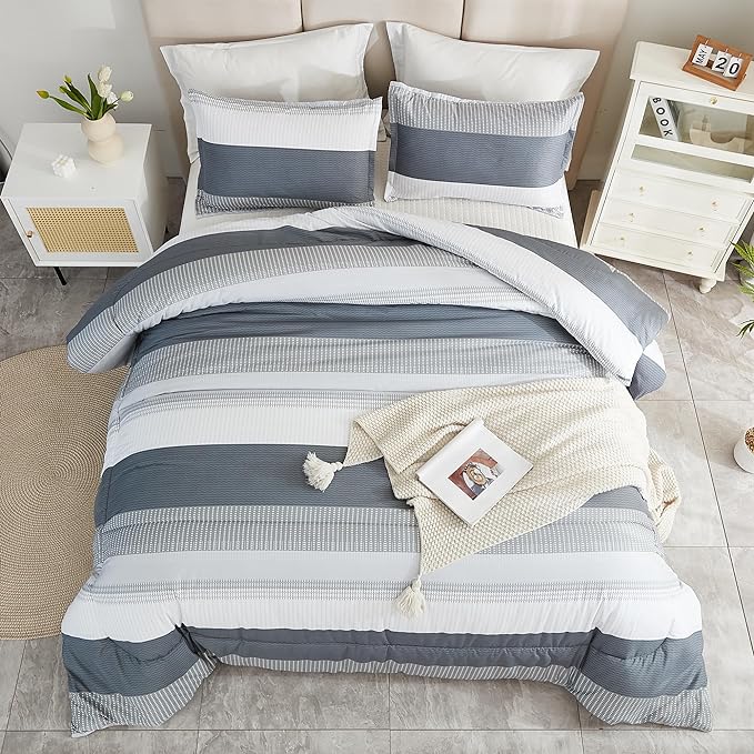 Litanika Light Grey California King Comforter Set, 3 Pieces Cal King Lightweight Gray White Colorblock Stripe Bedding Comforter Sets, Fluffy Bed Set - LeafyLoom