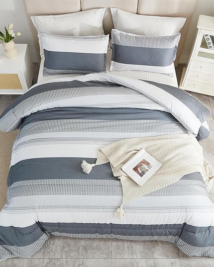 Litanika Comforter Full Size Bed Set Light Grey - 3 Pieces Lightweight Gray White Colorblock Stripe Fluffy Bedding Comforter Sets, All Season Bed Set - LeafyLoom