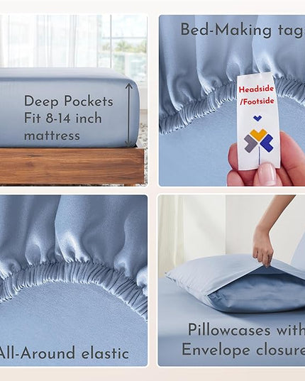 California Design Den Soft 100% Cotton Sheets King Size Bed Sheets Set with Deep Pockets, 4 Piece King Sheets Set with Sateen Weave, Cooling Sheets (Blue) - LeafyLoom