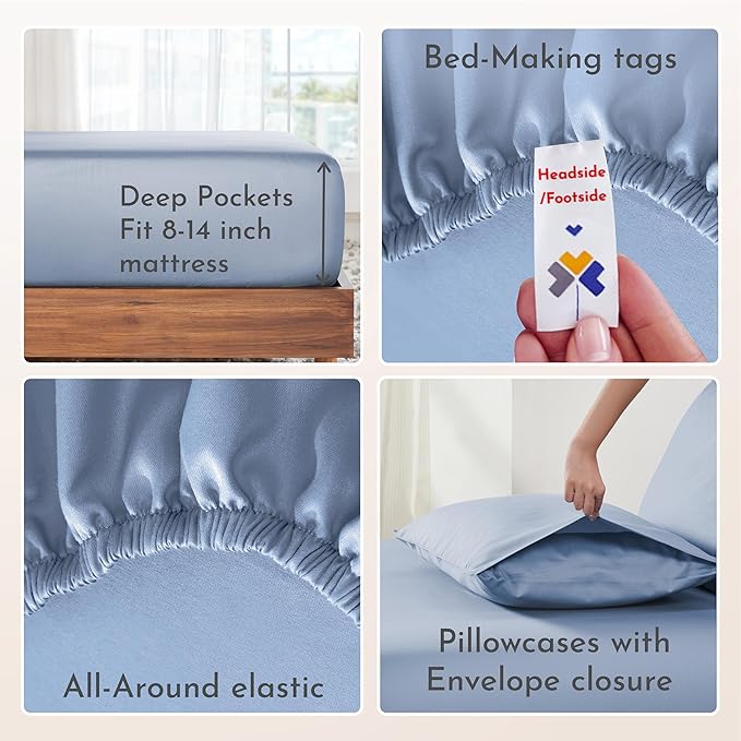 California Design Den Soft 100% Cotton Sheets King Size Bed Sheets Set with Deep Pockets, 4 Piece King Sheets Set with Sateen Weave, Cooling Sheets (Blue) - LeafyLoom