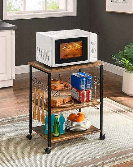 Mr IRONSTONE Baker's Rack, Kitchen Microwave Cart, Coffee Bar Table Station, 3-Tier Kitchen Utility Storage Shelf with Rolling Wheels Coffee Cart Kitchen Microwave Stand with 10 Hooks, Rustic Brown - LeafyLoom