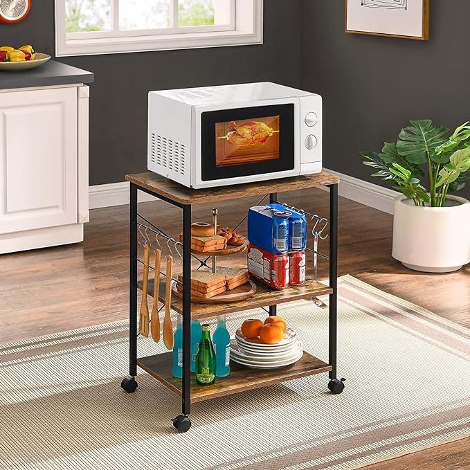 Mr IRONSTONE Baker's Rack, Kitchen Microwave Cart, Coffee Bar Table Station, 3-Tier Kitchen Utility Storage Shelf with Rolling Wheels Coffee Cart Kitchen Microwave Stand with 10 Hooks, Rustic Brown - LeafyLoom