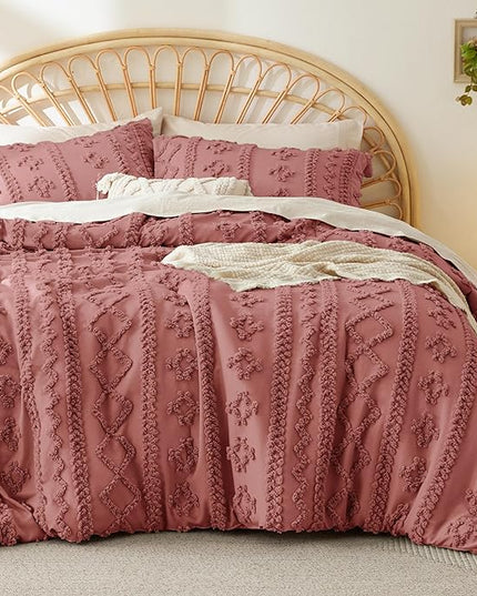 Bedsure Tufted Boho Comforter Set Queen - Grayish Pink Boho Bedding Comforter Set, 3 Pieces Farmhouse Shabby Chic Embroidery Bed Set, Soft Jacquard Comforter for All Seasons - LeafyLoom