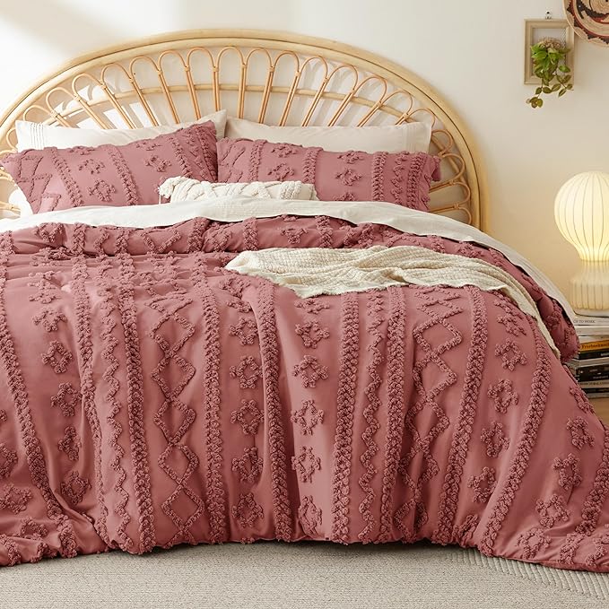 Bedsure Tufted Boho Comforter Set Queen - Grayish Pink Boho Bedding Comforter Set, 3 Pieces Farmhouse Shabby Chic Embroidery Bed Set, Soft Jacquard Comforter for All Seasons - LeafyLoom