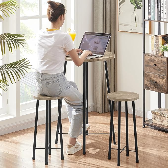 VECELO Small Bar Table and Chairs, Round Bistro Sets with 2 barstools, 3-Piece Pub Dining Furniture, Counter Height Wood Top for Breakfast Dinner Coffee Nap Conference, Easy Assembly,Maple - LeafyLoom