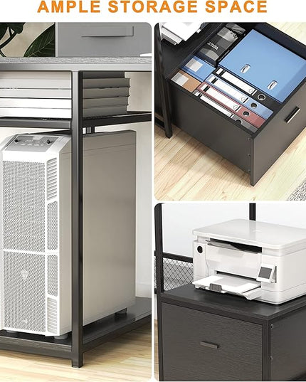 Home Office Desks with Drawers, 66‘’ Computer Desk with Storage, Office Desk with Monitor Stand, Work Desk with Outlets and USB, Gaming Table Desk with File Cabinet for Home Office Table, Black - LeafyLoom