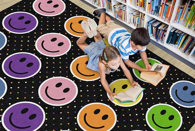 Flagship Carpets Smiley Seating (Seats 20) Classroom Area Rug or Educational Learning Mat, Kids Room or Playroom Carpet, 6' x 8'4", Black/Multi - LeafyLoom