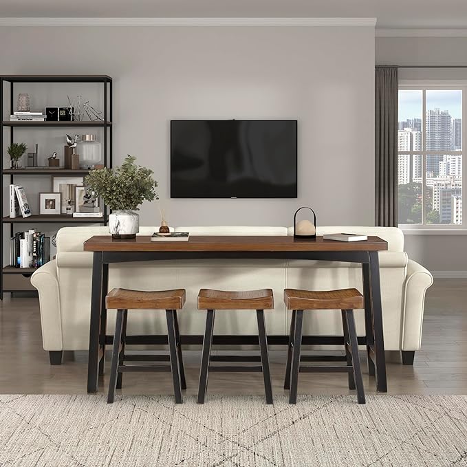 Lexicon Bar Table Set for 3, Small Kitchen table set Kitchen Island Table with 3 Saddle Bar Stools, 4 Piece Dining Table Set for Breakfast Nook, Living Room, Apartment, Counter Height, Black/Brown - LeafyLoom