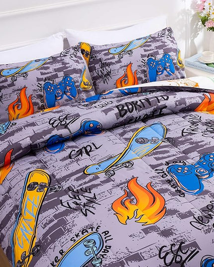 Btargot Gaming Stone Pattern Comforter Set for Boys Girls Kids, 3 Pieces Reversible Skateboard Game Console Flame Painting Bedding Set, Grey Twin - LeafyLoom