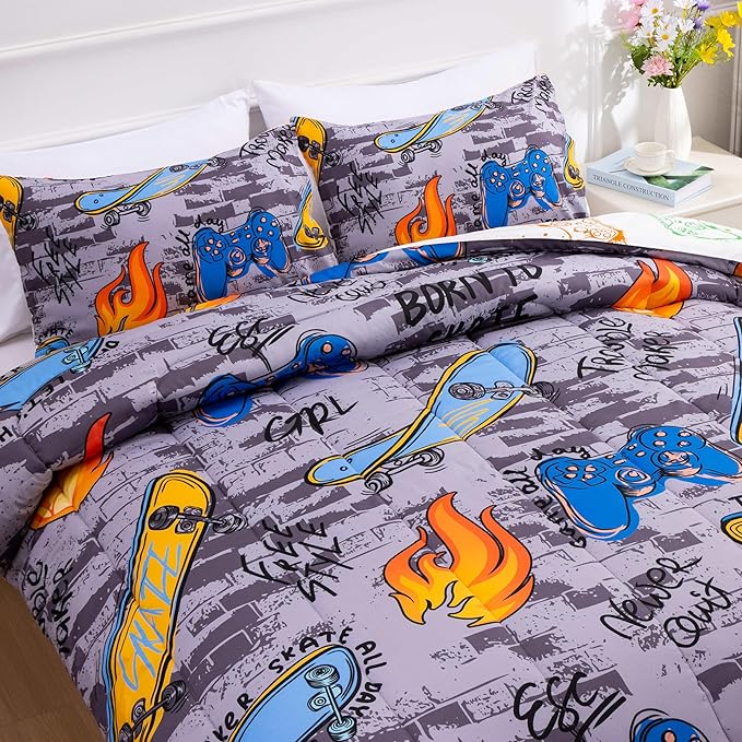 Btargot Gaming Stone Pattern Comforter Set for Boys Girls Kids, 3 Pieces Reversible Skateboard Game Console Flame Painting Bedding Set, Grey Full - LeafyLoom