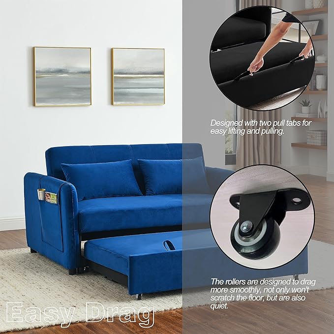 Modern Convertible Loveseat Sofa Bed, Compact Functional Love Seat,Comfy Velvet Sleeper Sofabed 3 in1 Recliner Sofa&Couch with Removable Side Pockets for Small Space Living Room/Guest Room - LeafyLoom