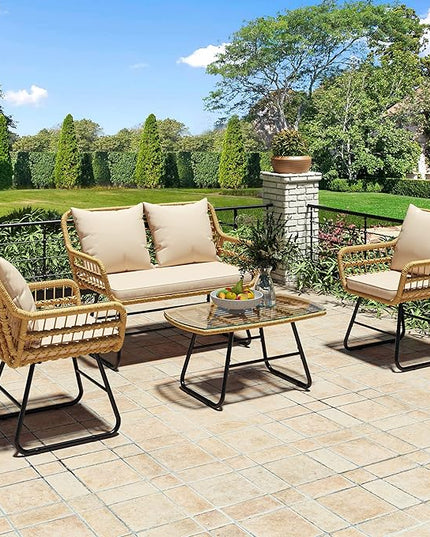 YITAHOME 4-Piece Patio Furniture Wicker Outdoor Bistro Set, All-Weather Rattan Conversation Loveseat Chairs for Backyard, Balcony and Deck with Soft Cushions and Metal Table (Light Brown+Beige) - LeafyLoom