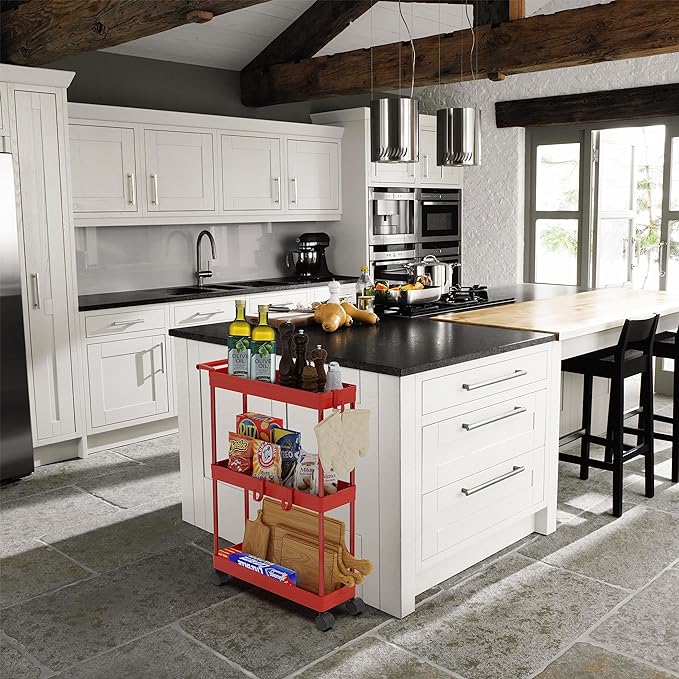 SimpleHouseware Kitchen Cart Storage 3-Tier Slim/Super Narrow Shelves with Handle, 26.5'' Height/5.5'' Width for Narrow Place, Red - LeafyLoom