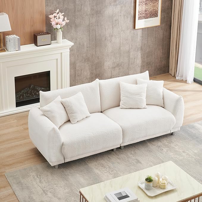 Modular Teddy Fleece Cloud 3 Seater Sofa Deep Seat Upholstered W/Metal Legs, Comfy Leisure Couch Beautiful Shape Bread Sofa&Couch with 4 Pillows for Living Room, 86.6", Beige-1658 - LeafyLoom