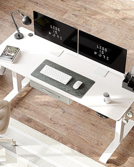 FEZIBO 63 x 24 Inches Standing Desk with Drawer, Adjustable Height Electric Stand up Desk with Storage, Sit Stand Home Office Desk, Ergonomic Computer Desk, White - LeafyLoom