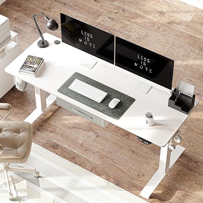 FEZIBO 63 x 24 Inches Standing Desk with Drawer, Adjustable Height Electric Stand up Desk with Storage, Sit Stand Home Office Desk, Ergonomic Computer Desk, White - LeafyLoom