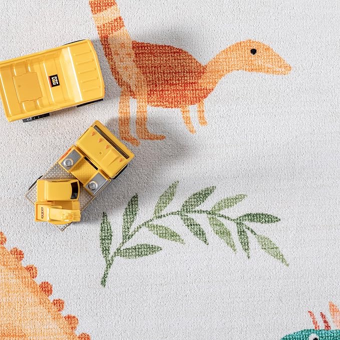 nuLOOM Eamon Dinosaur Machine Washable Kids Ultra Thin Area Rug, 4' x 6', White Multi - LeafyLoom